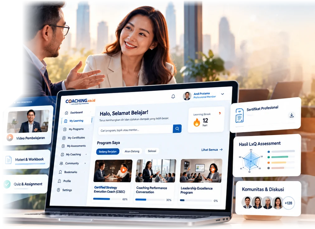 Dua profesional berdiskusi coaching, dengan tampilan dashboard belajar COACHING.co.id